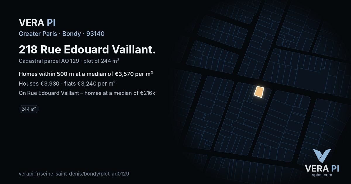 218 Rue Edouard Vaillant, Bondy at night – the plot lit, the parcels around coloured by the prices near them