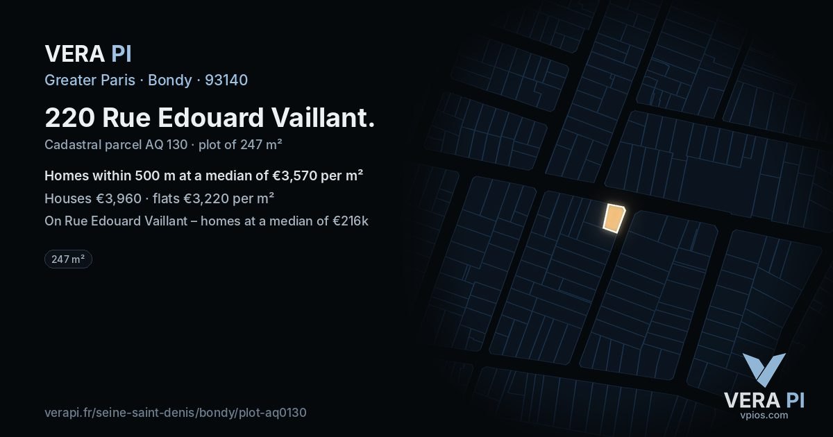 220 Rue Edouard Vaillant, Bondy at night – the plot lit, the parcels around coloured by the prices near them