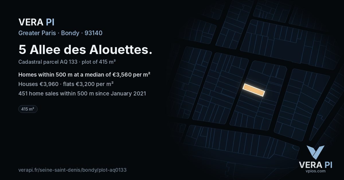 5 Allee des Alouettes, Bondy at night – the plot lit, the parcels around coloured by the prices near them