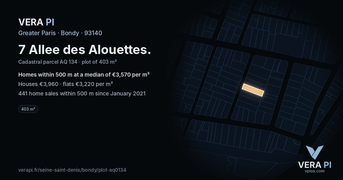 7 Allee des Alouettes, Bondy at night – the plot lit, the parcels around coloured by the prices near them