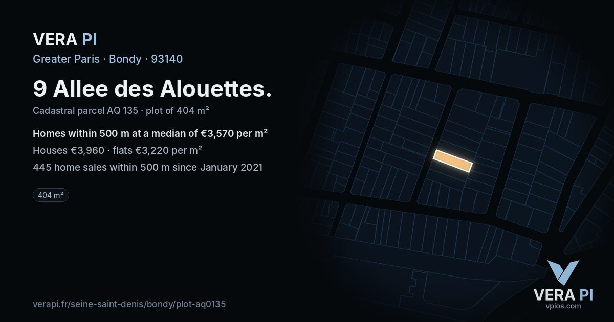 9 Allee des Alouettes, Bondy at night – the plot lit, the parcels around coloured by the prices near them
