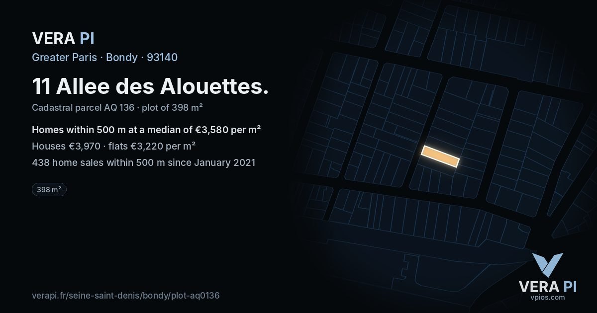 11 Allee des Alouettes, Bondy at night – the plot lit, the parcels around coloured by the prices near them
