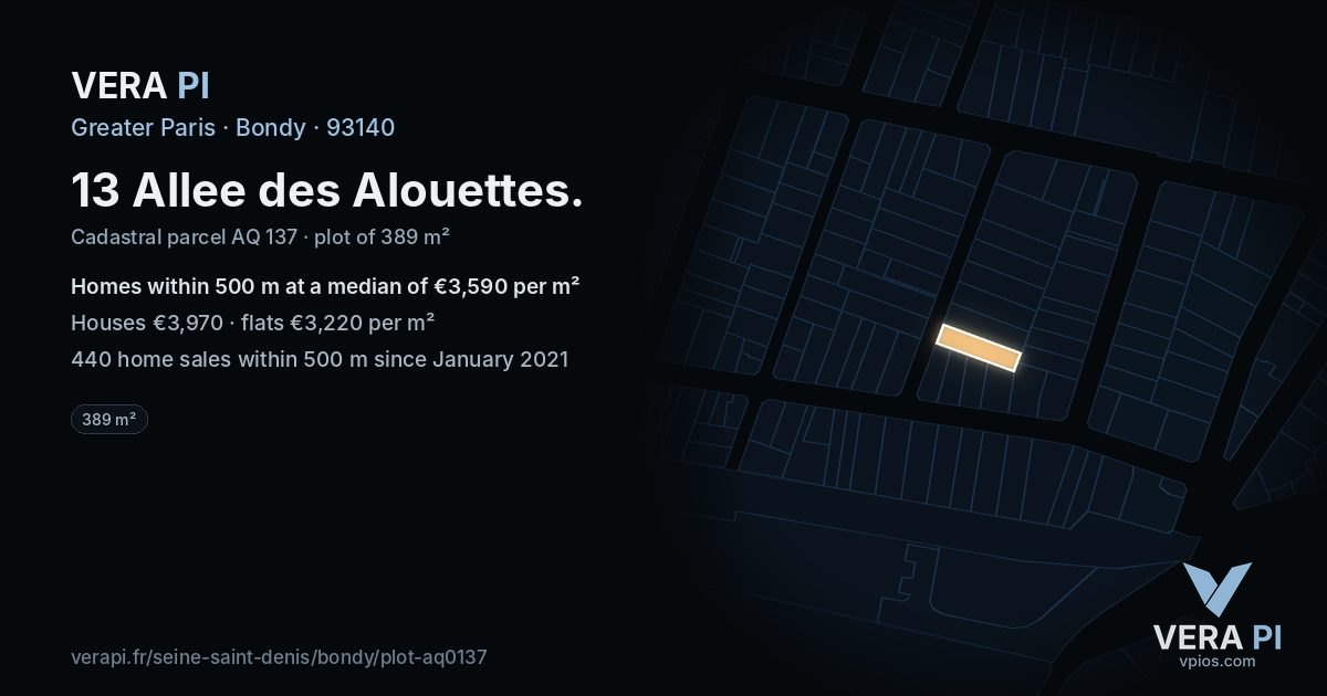 13 Allee des Alouettes, Bondy at night – the plot lit, the parcels around coloured by the prices near them