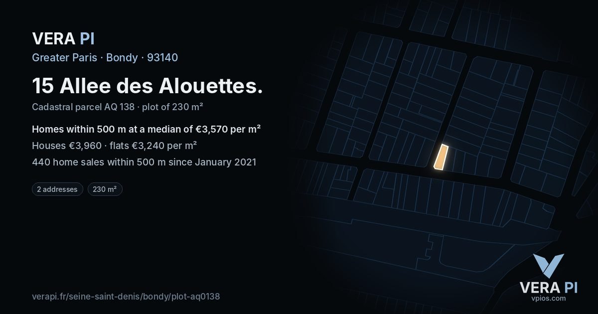 15 Allee des Alouettes, Bondy at night – the plot lit, the parcels around coloured by the prices near them