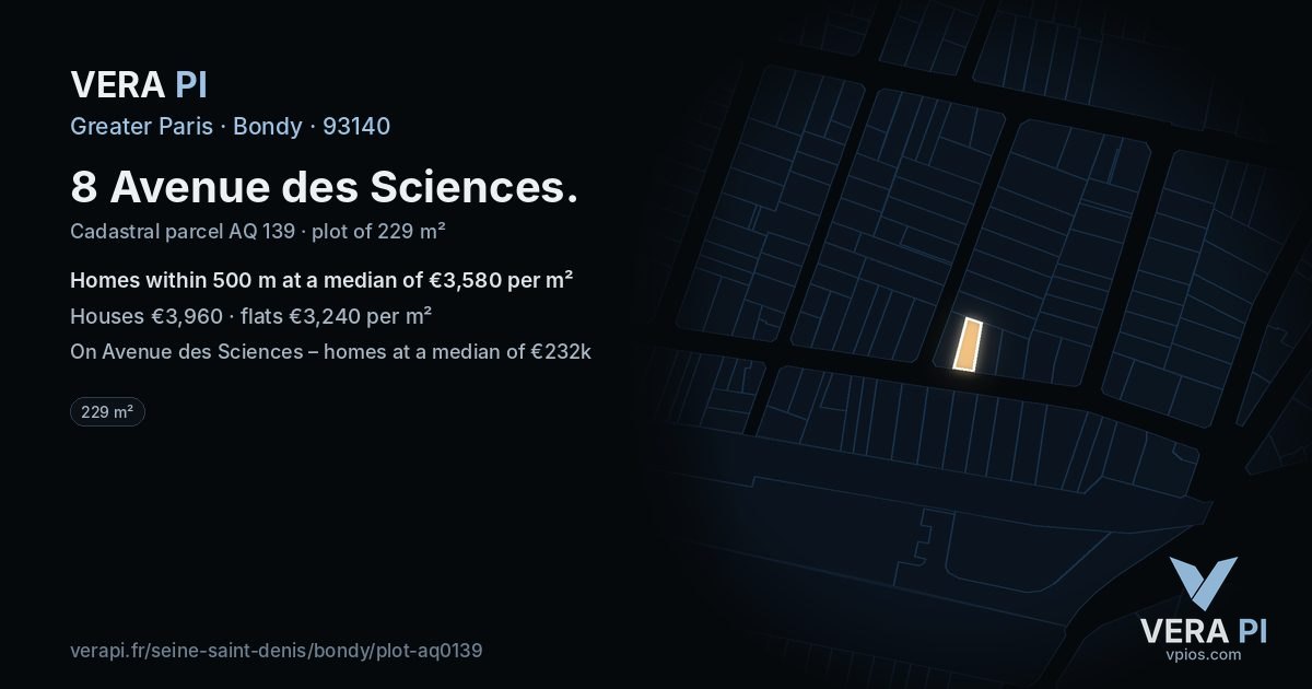 8 Avenue des Sciences, Bondy at night – the plot lit, the parcels around coloured by the prices near them
