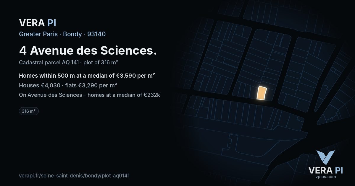 4 Avenue des Sciences, Bondy at night – the plot lit, the parcels around coloured by the prices near them