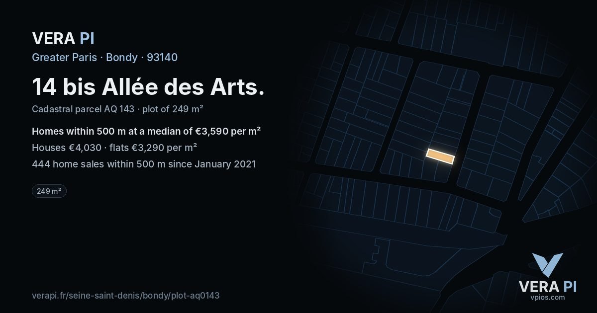 14 bis Allée des Arts, Bondy at night – the plot lit, the parcels around coloured by the prices near them