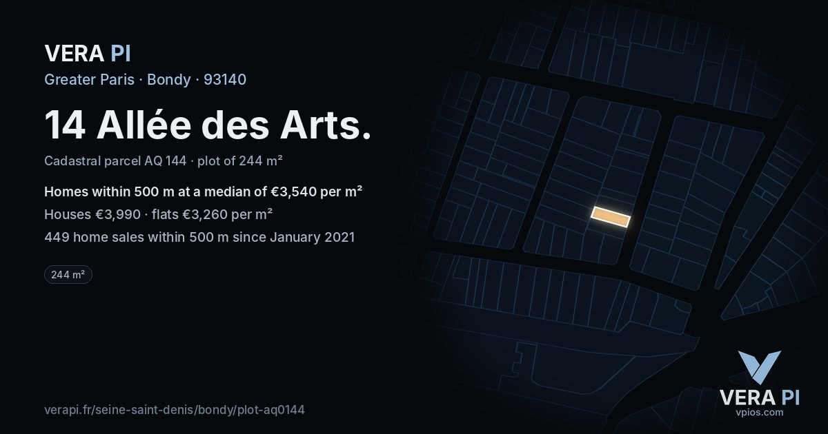 14 Allée des Arts, Bondy at night – the plot lit, the parcels around coloured by the prices near them