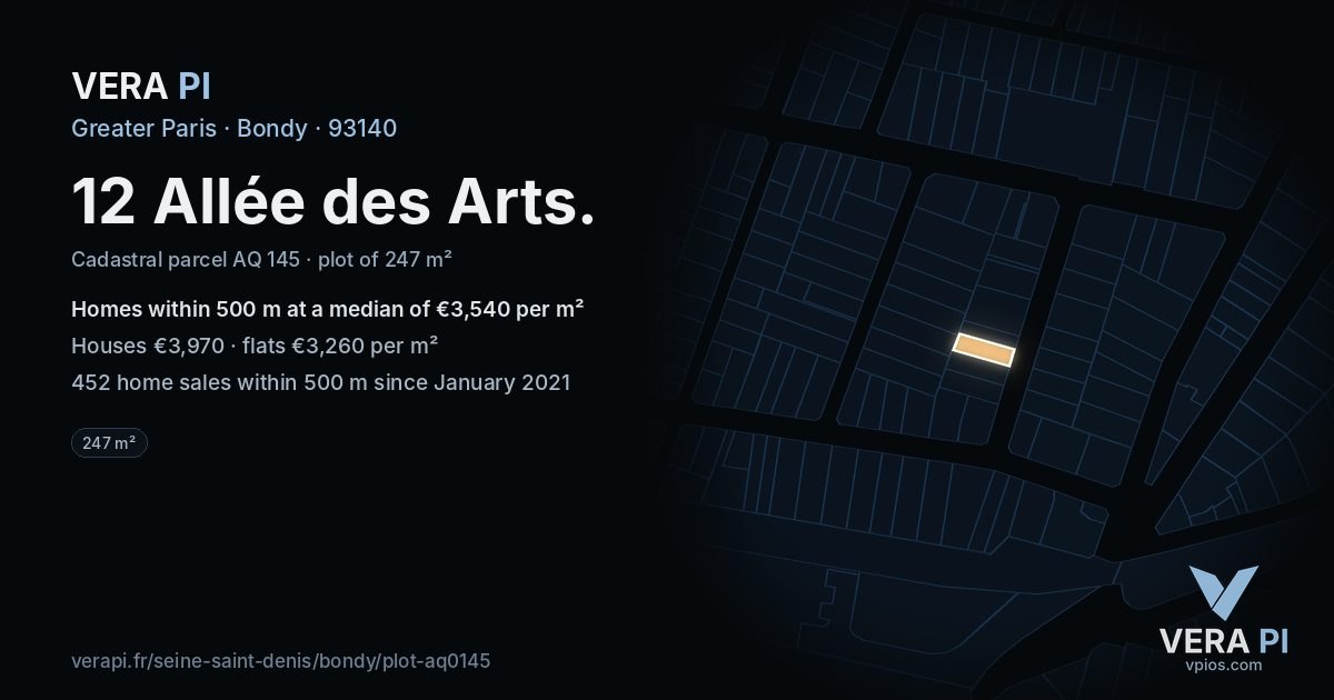 12 Allée des Arts, Bondy at night – the plot lit, the parcels around coloured by the prices near them
