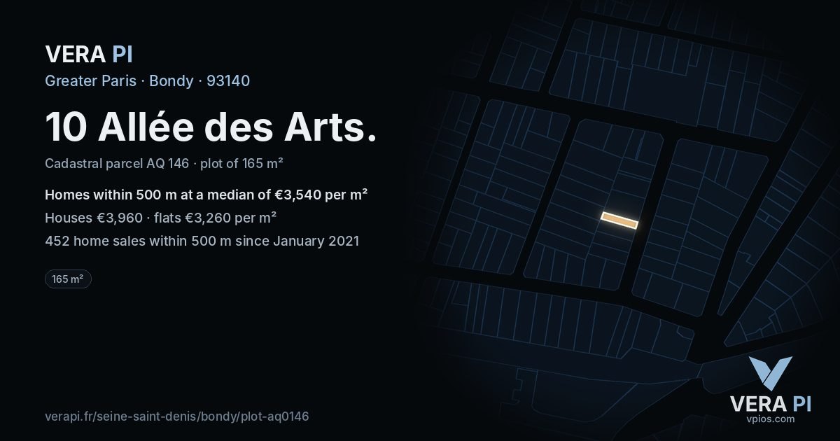 10 Allée des Arts, Bondy at night – the plot lit, the parcels around coloured by the prices near them