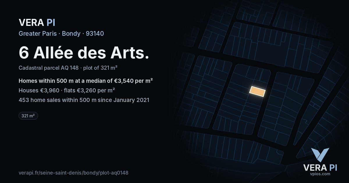 6 Allée des Arts, Bondy at night – the plot lit, the parcels around coloured by the prices near them