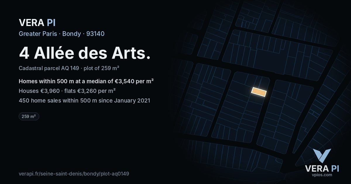 4 Allée des Arts, Bondy at night – the plot lit, the parcels around coloured by the prices near them