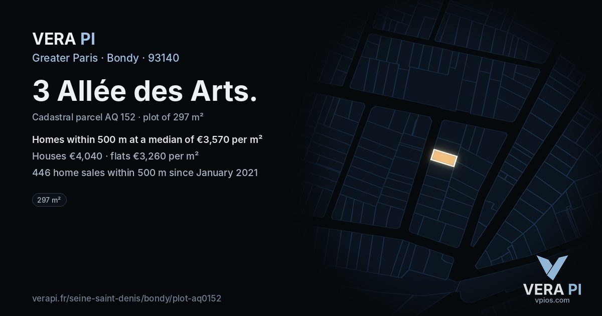 3 Allée des Arts, Bondy at night – the plot lit, the parcels around coloured by the prices near them