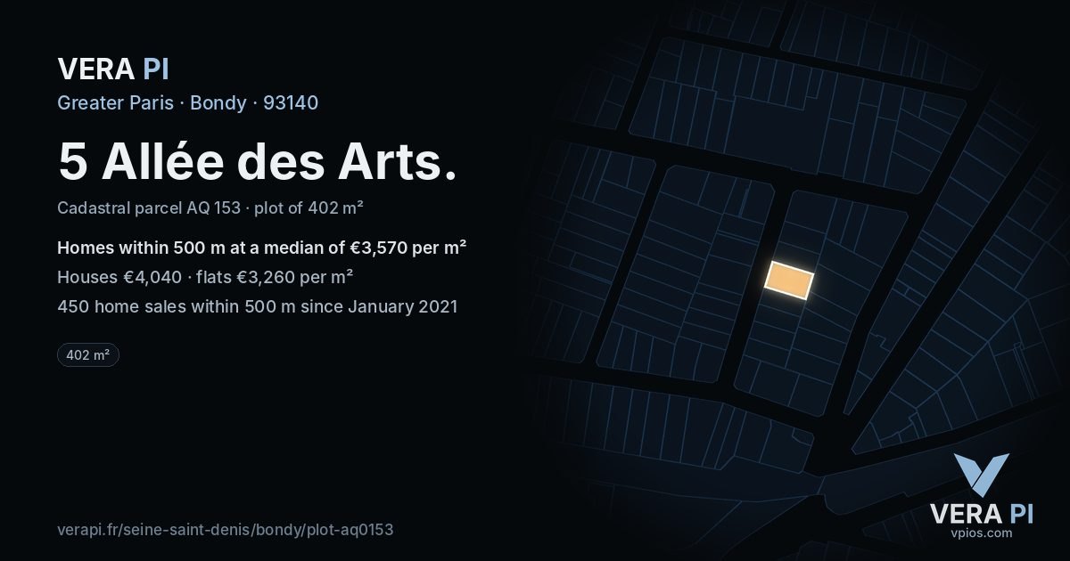 5 Allée des Arts, Bondy at night – the plot lit, the parcels around coloured by the prices near them