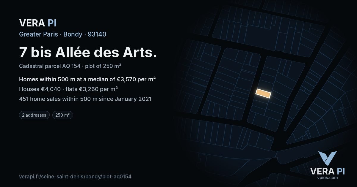 7 bis Allée des Arts, Bondy at night – the plot lit, the parcels around coloured by the prices near them