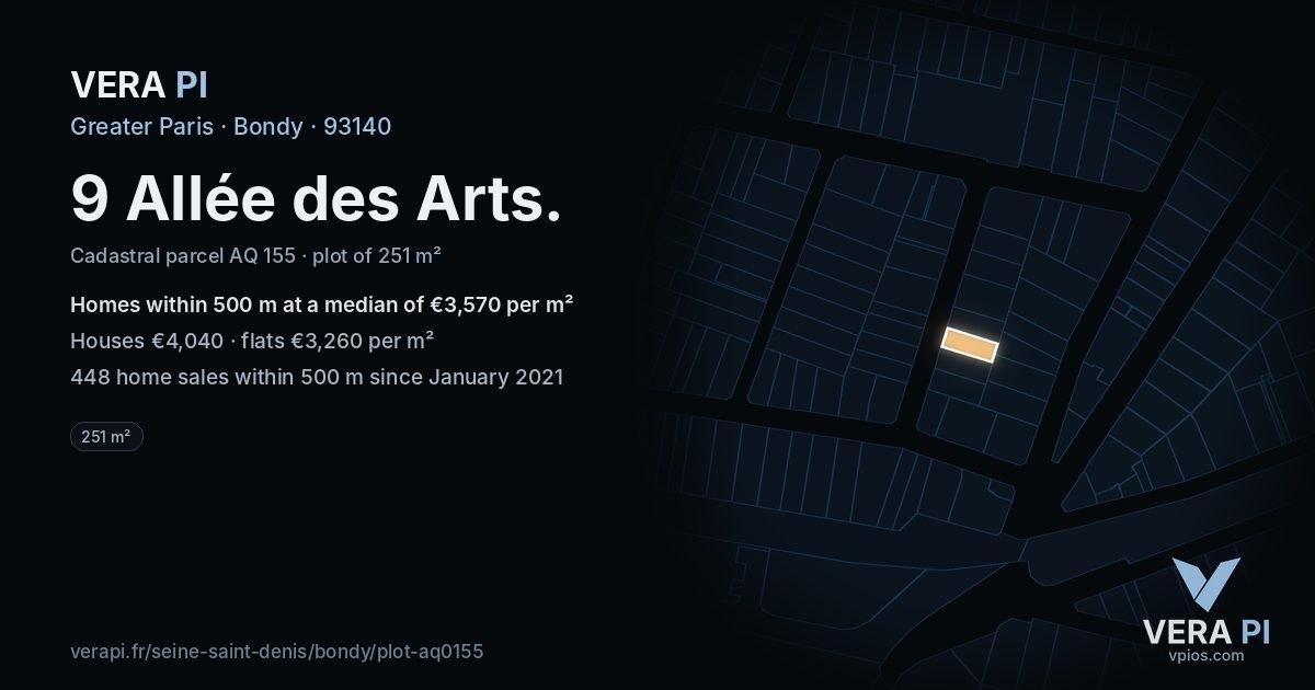 9 Allée des Arts, Bondy at night – the plot lit, the parcels around coloured by the prices near them