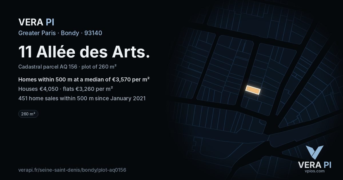 11 Allée des Arts, Bondy at night – the plot lit, the parcels around coloured by the prices near them