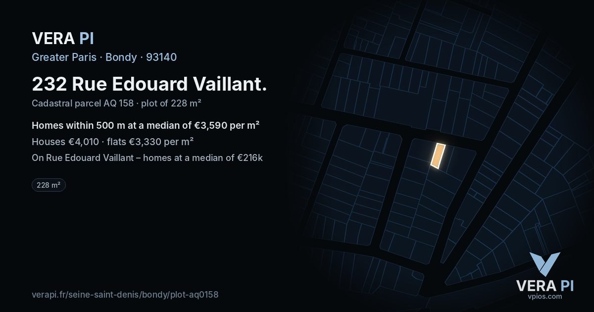 232 Rue Edouard Vaillant, Bondy at night – the plot lit, the parcels around coloured by the prices near them