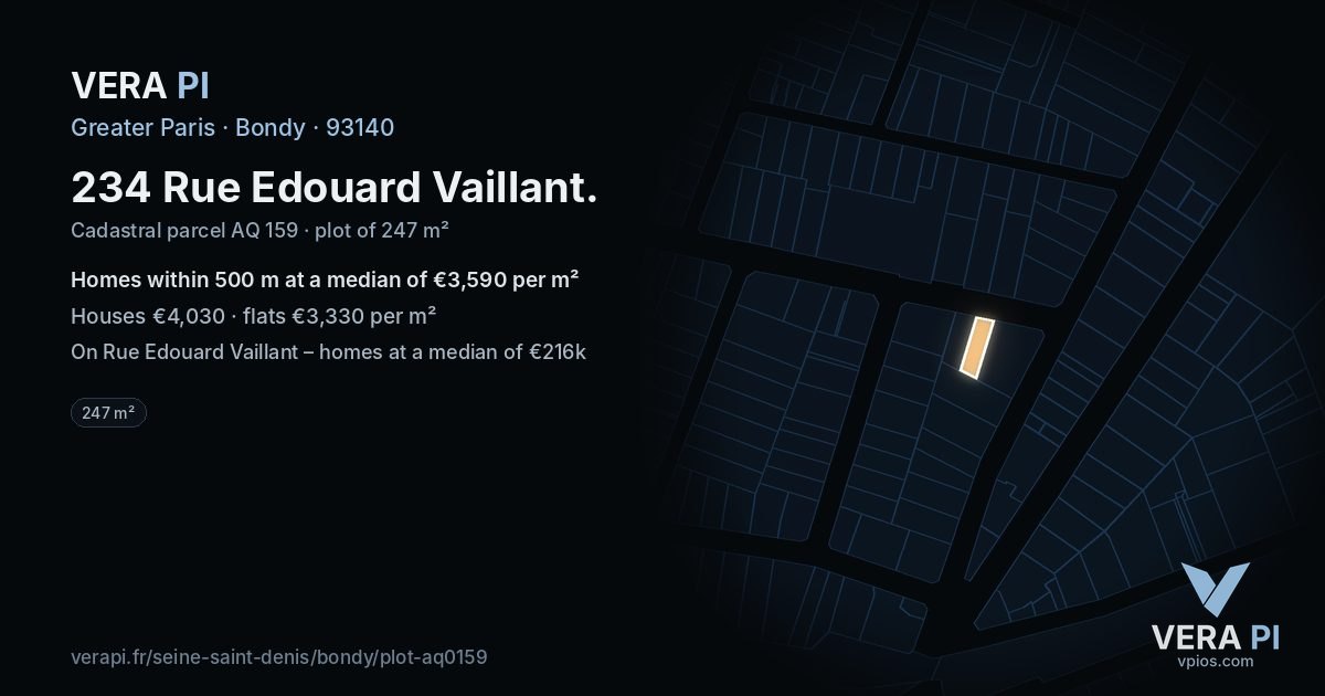 234 Rue Edouard Vaillant, Bondy at night – the plot lit, the parcels around coloured by the prices near them