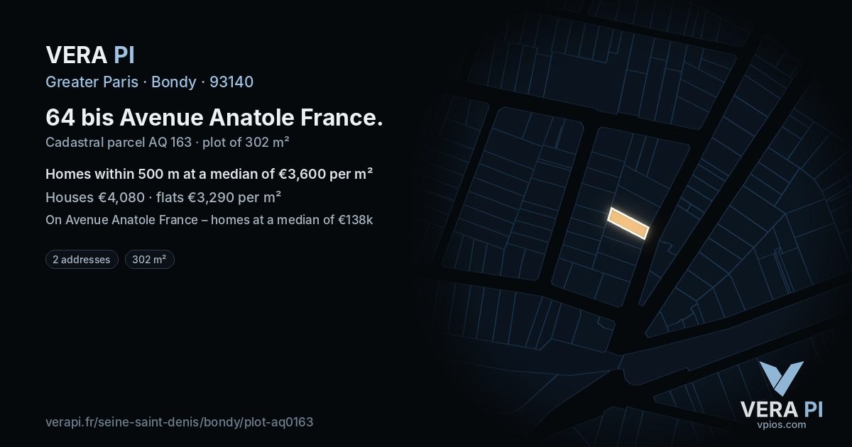64 bis Avenue Anatole France, Bondy at night – the plot lit, the parcels around coloured by the prices near them