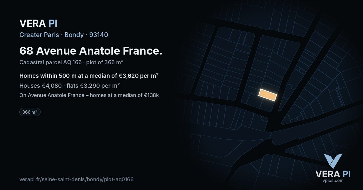 68 Avenue Anatole France, Bondy at night – the plot lit, the parcels around coloured by the prices near them