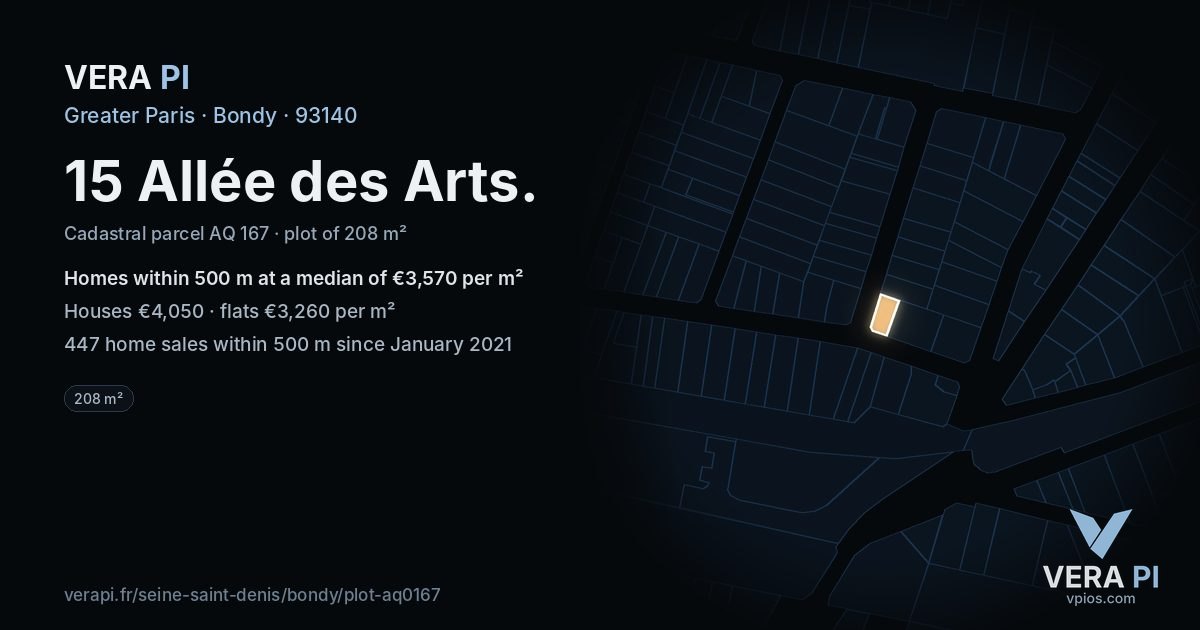 15 Allée des Arts, Bondy at night – the plot lit, the parcels around coloured by the prices near them