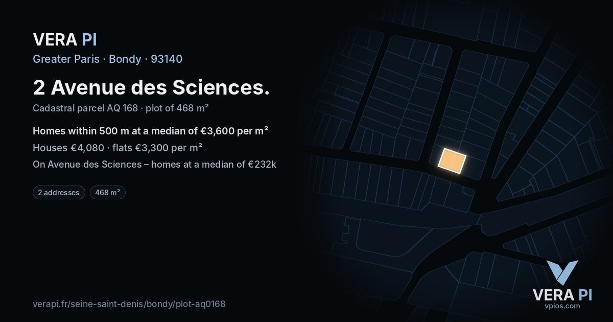 2 Avenue des Sciences, Bondy at night – the plot lit, the parcels around coloured by the prices near them