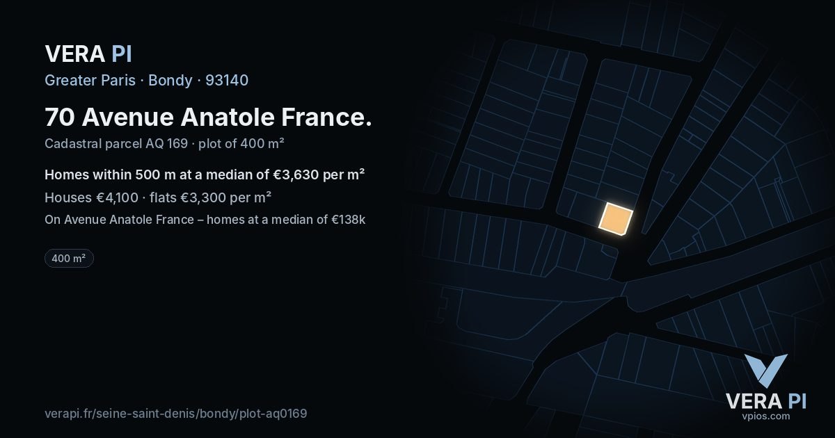 70 Avenue Anatole France, Bondy at night – the plot lit, the parcels around coloured by the prices near them