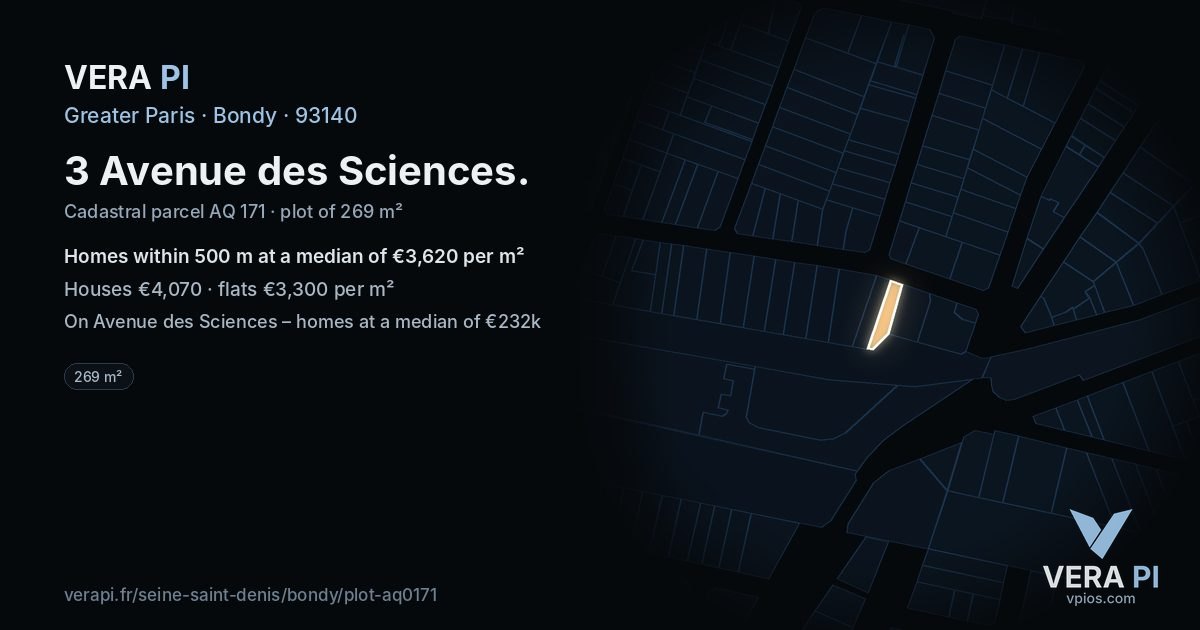 3 Avenue des Sciences, Bondy at night – the plot lit, the parcels around coloured by the prices near them