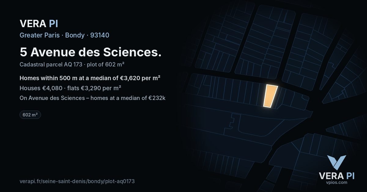 5 Avenue des Sciences, Bondy at night – the plot lit, the parcels around coloured by the prices near them
