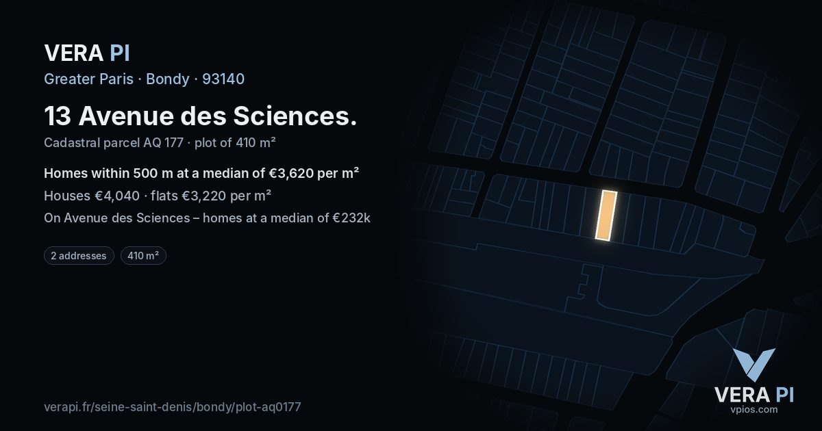 13 Avenue des Sciences, Bondy at night – the plot lit, the parcels around coloured by the prices near them