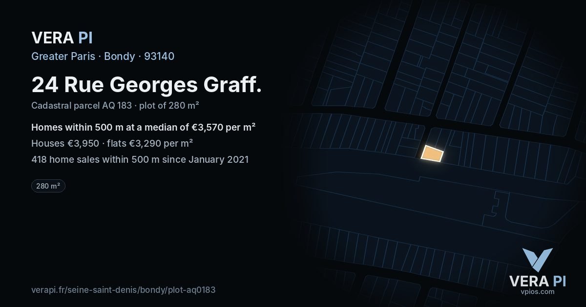 24 Rue Georges Graff, Bondy at night – the plot lit, the parcels around coloured by the prices near them
