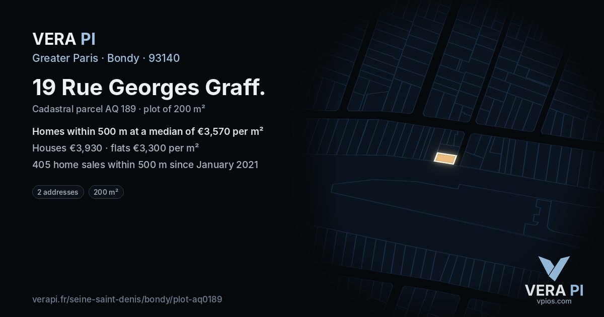 19 Rue Georges Graff, Bondy at night – the plot lit, the parcels around coloured by the prices near them