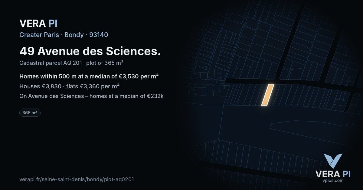 49 Avenue des Sciences, Bondy at night – the plot lit, the parcels around coloured by the prices near them