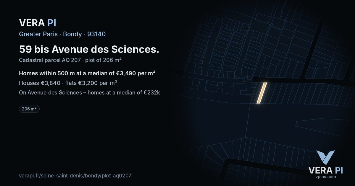 59 bis Avenue des Sciences, Bondy at night – the plot lit, the parcels around coloured by the prices near them