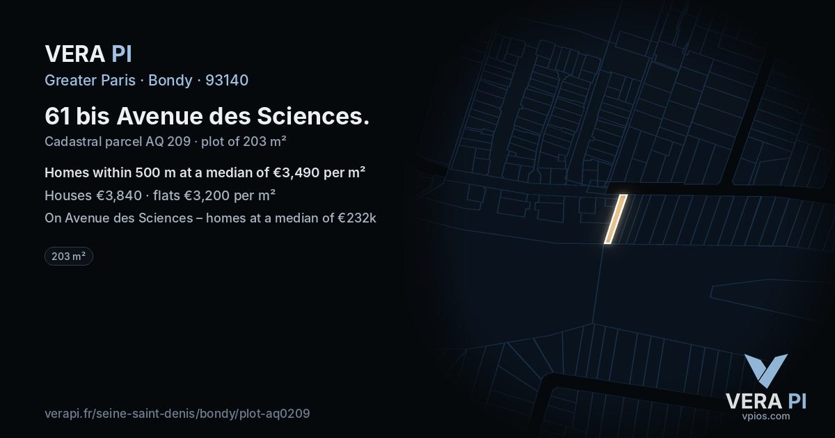 61 bis Avenue des Sciences, Bondy at night – the plot lit, the parcels around coloured by the prices near them