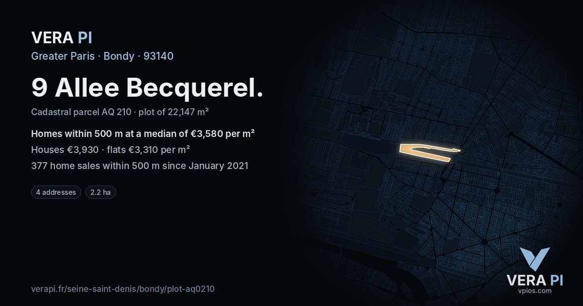 9 Allee Becquerel, Bondy at night – the plot lit, the parcels around coloured by the prices near them