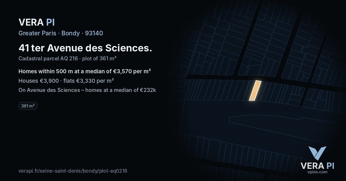 41 ter Avenue des Sciences, Bondy at night – the plot lit, the parcels around coloured by the prices near them