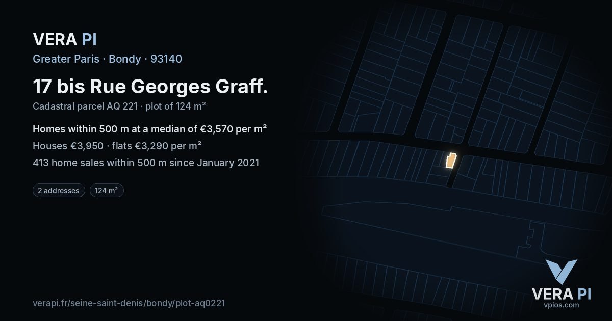 17 bis Rue Georges Graff, Bondy at night – the plot lit, the parcels around coloured by the prices near them