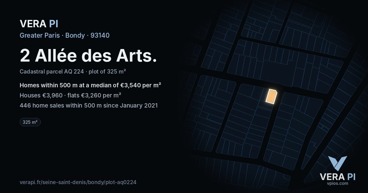 2 Allée des Arts, Bondy at night – the plot lit, the parcels around coloured by the prices near them