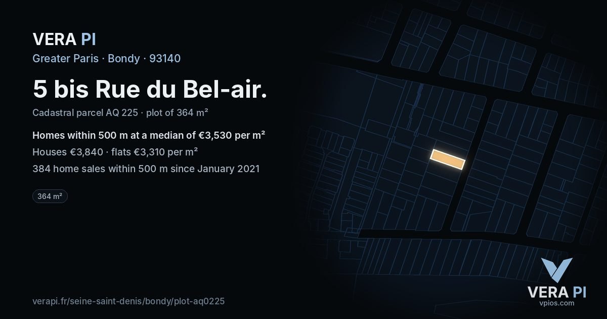 5 bis Rue du Bel-air, Bondy at night – the plot lit, the parcels around coloured by the prices near them