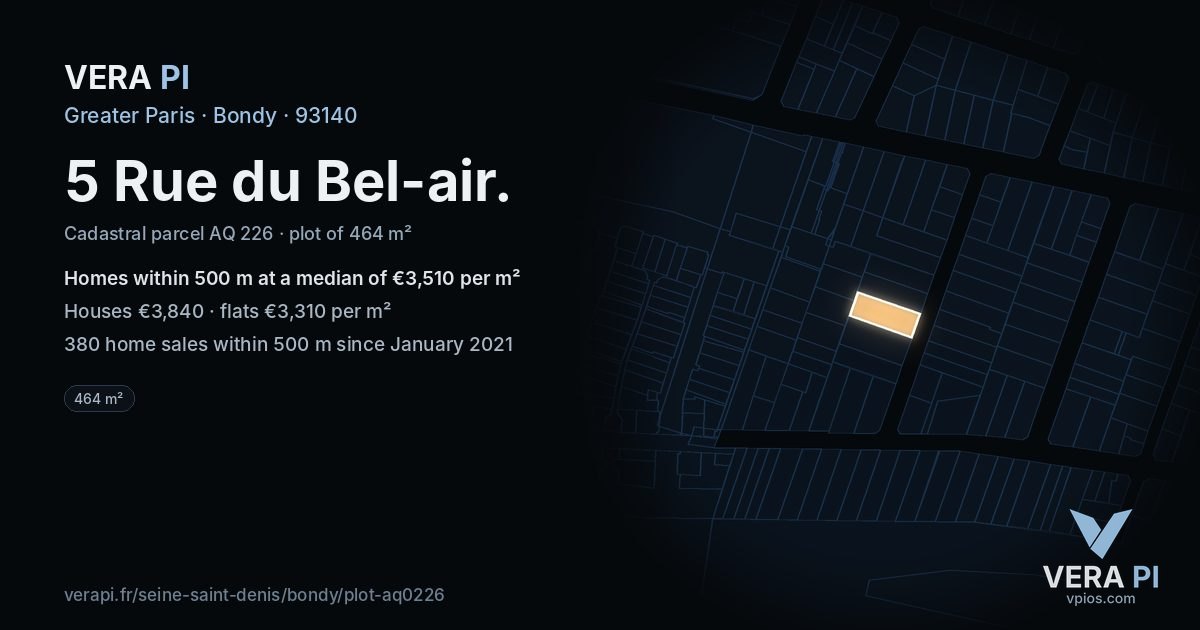 5 Rue du Bel-air, Bondy at night – the plot lit, the parcels around coloured by the prices near them