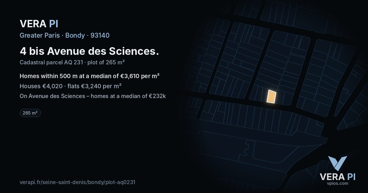 4 bis Avenue des Sciences, Bondy at night – the plot lit, the parcels around coloured by the prices near them
