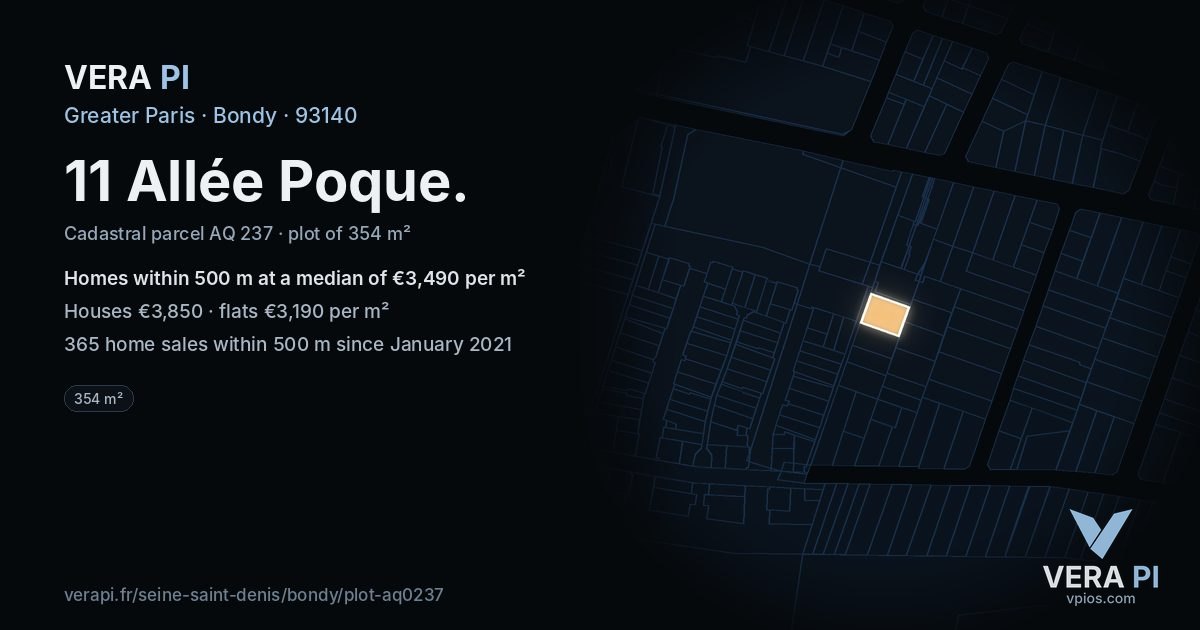 11 Allée Poque, Bondy at night – the plot lit, the parcels around coloured by the prices near them