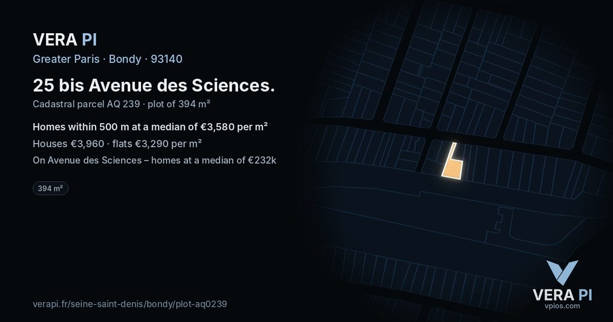 25 bis Avenue des Sciences, Bondy at night – the plot lit, the parcels around coloured by the prices near them