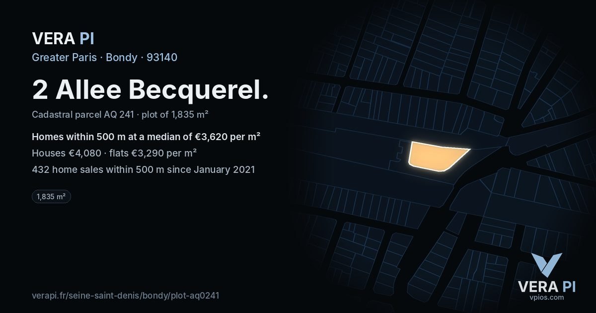 2 Allee Becquerel, Bondy at night – the plot lit, the parcels around coloured by the prices near them