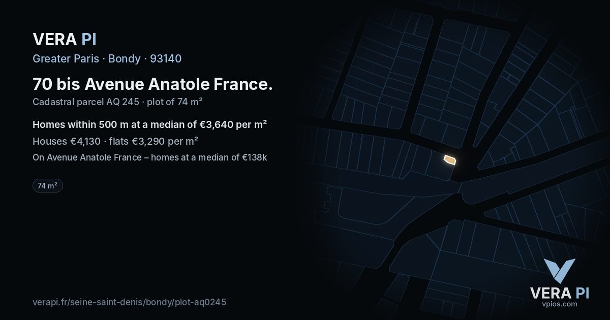 70 bis Avenue Anatole France, Bondy at night – the plot lit, the parcels around coloured by the prices near them