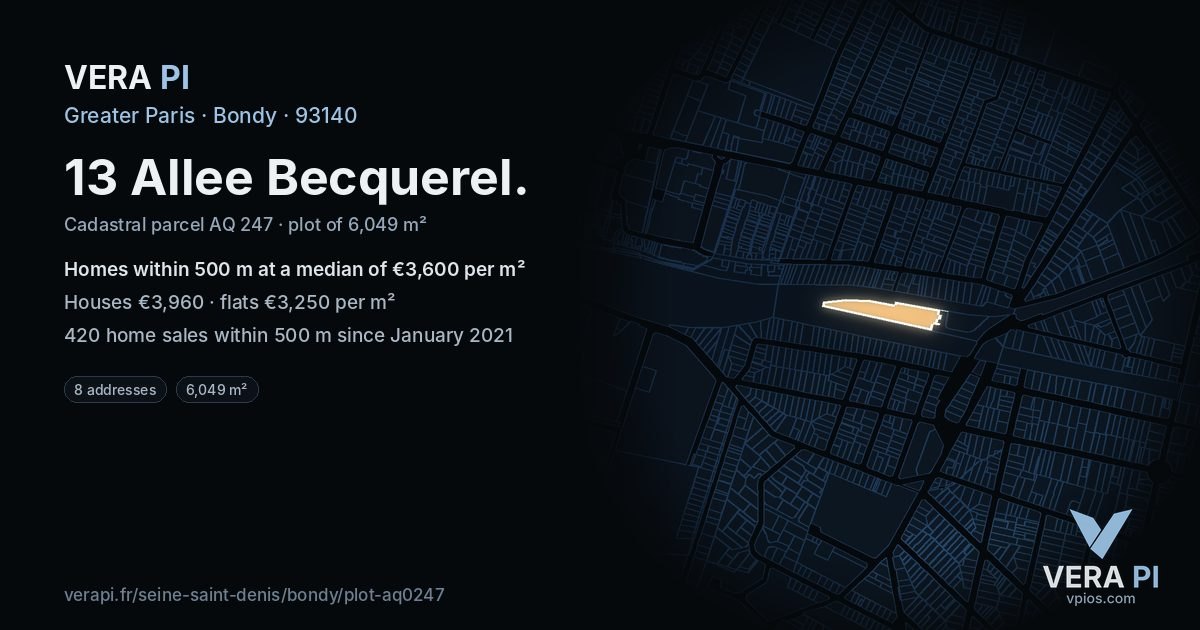 13 Allee Becquerel, Bondy at night – the plot lit, the parcels around coloured by the prices near them