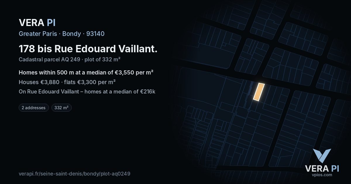 178 bis Rue Edouard Vaillant, Bondy at night – the plot lit, the parcels around coloured by the prices near them