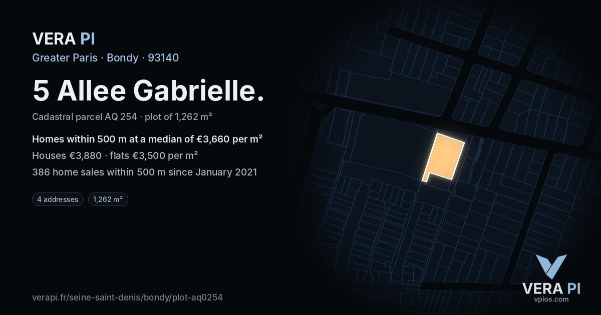 5 Allee Gabrielle, Bondy at night – the plot lit, the parcels around coloured by the prices near them
